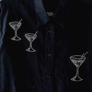 Vintage LASOLAS Oversized Jeweled Martini Long Sleeve Button Up Shirt Small